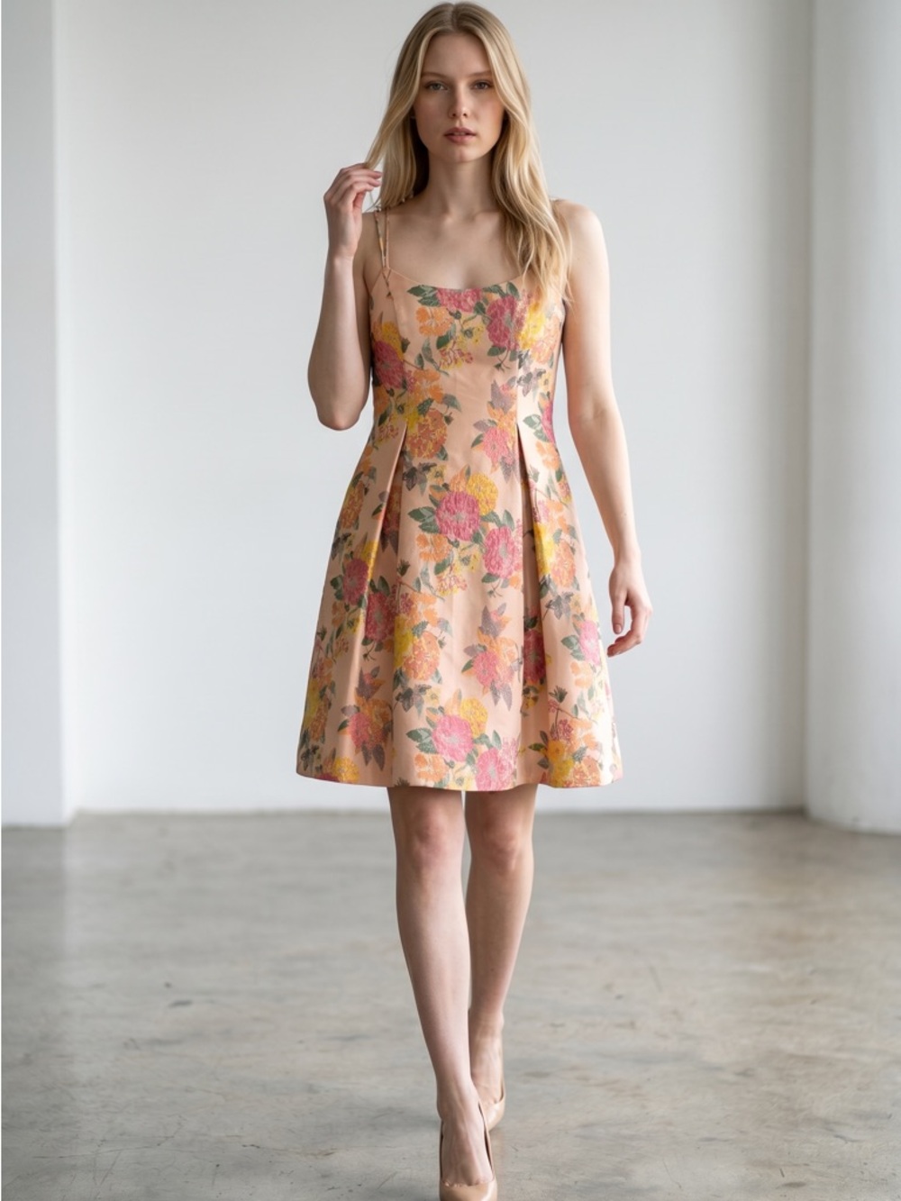 Adrianna Papell Peach Floral A-Line Midi Dress